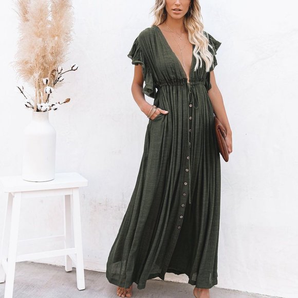New Bohemian Long Olive Gauze Maxi Summer Dress - Picture 6 of 11